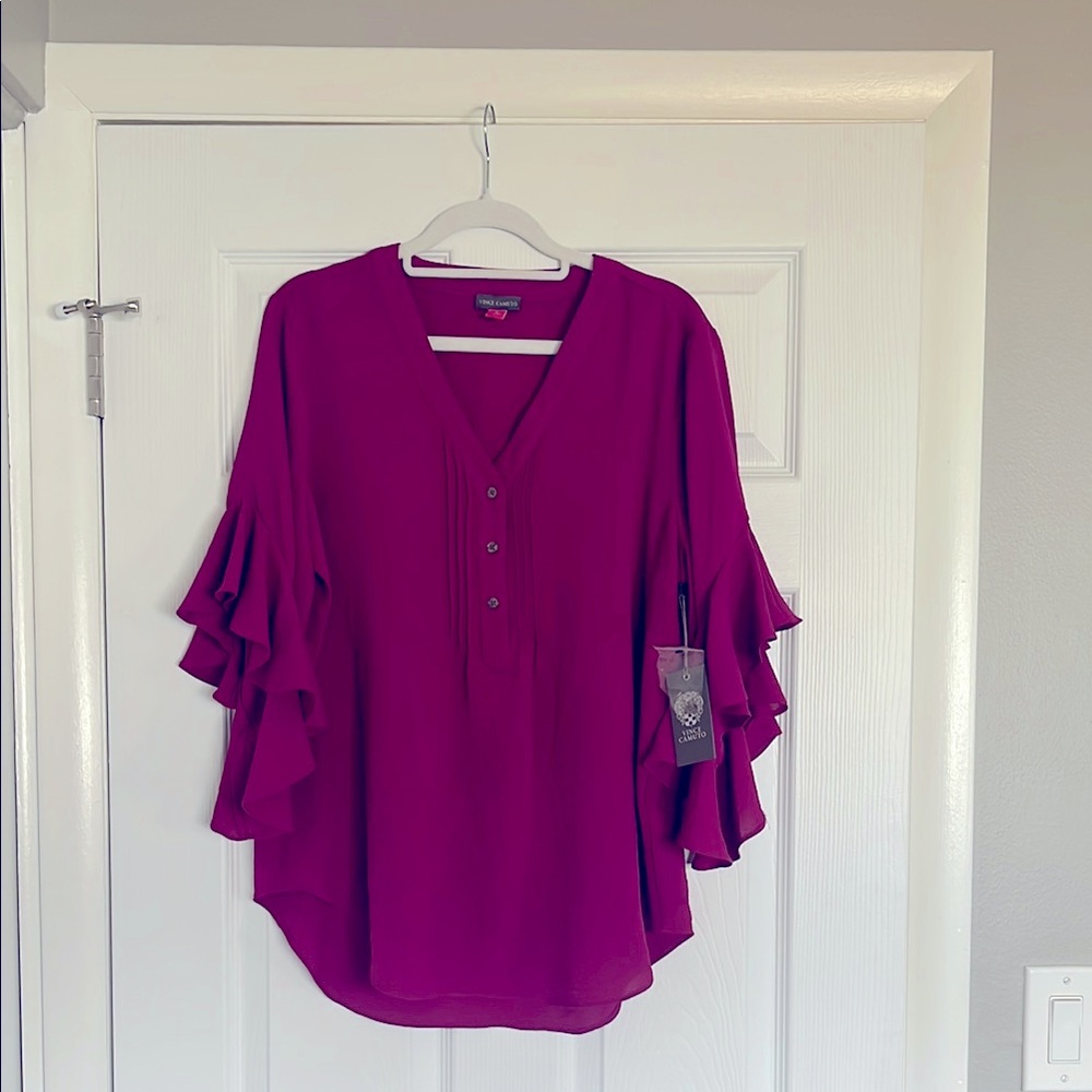 Ruffle Sleeve V-Neck w/ Pleated and Button Detail
